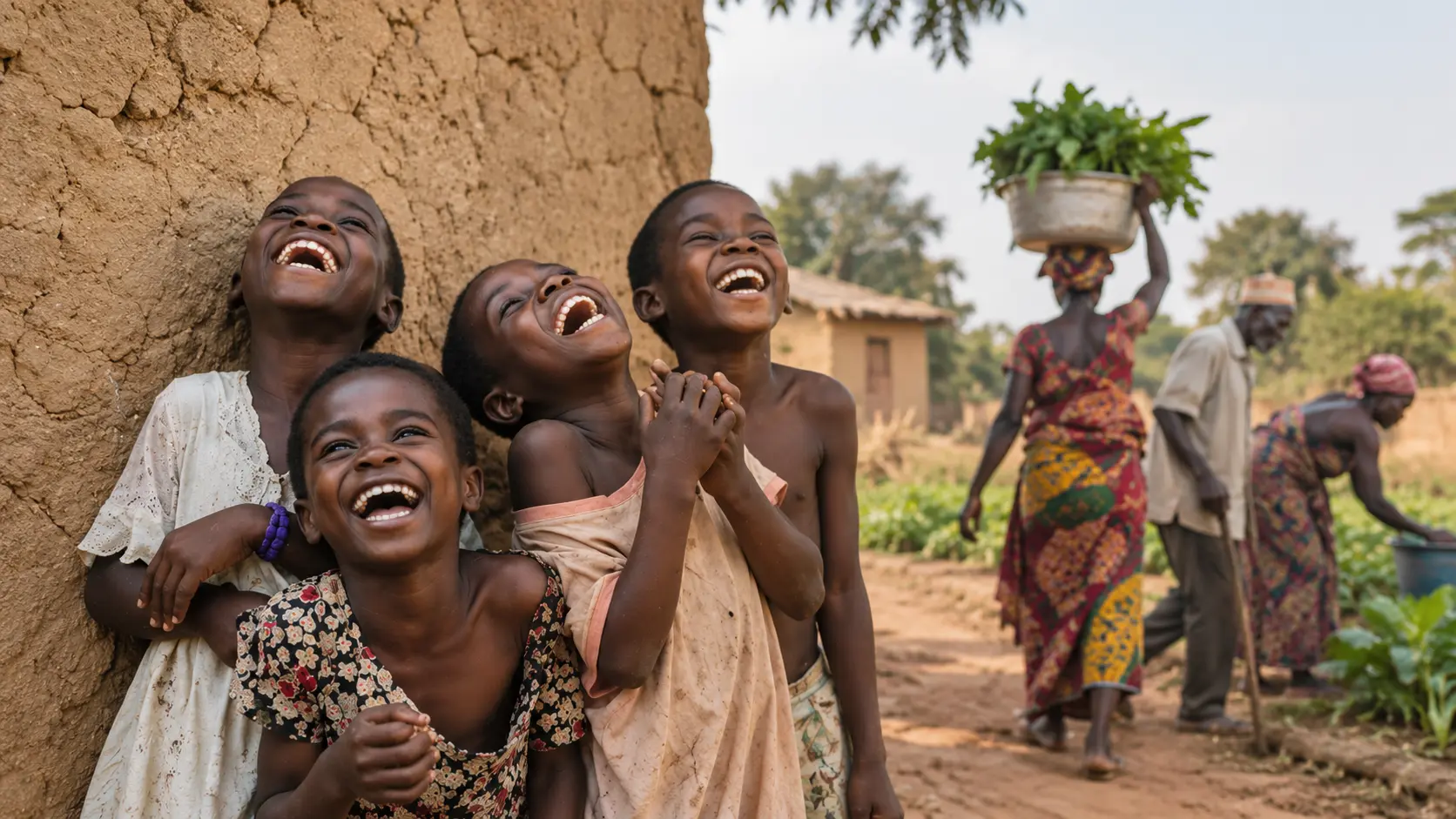 Children laughing together beside a rural farming community