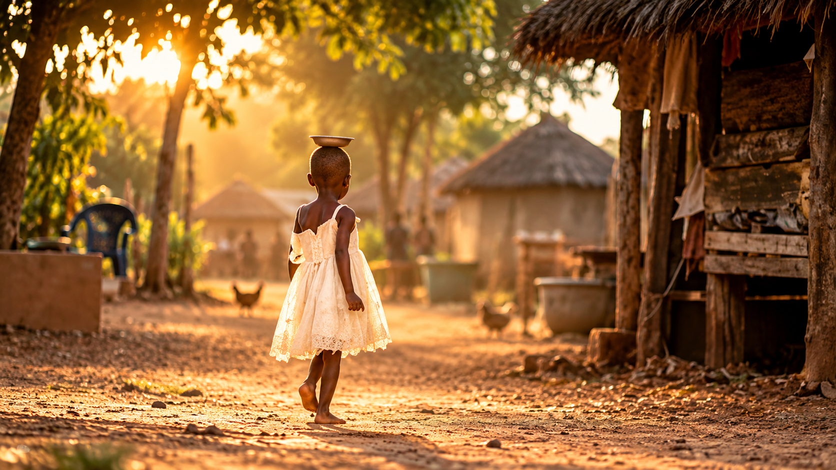 A young child walking through a rural Ghanaian community at sunset