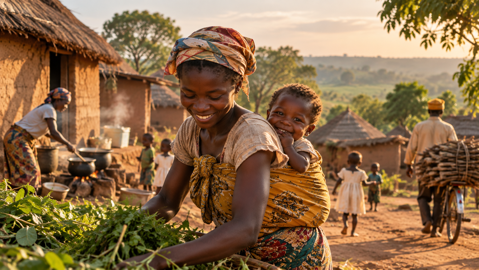A mother carrying her child in a rural Ghanaian community