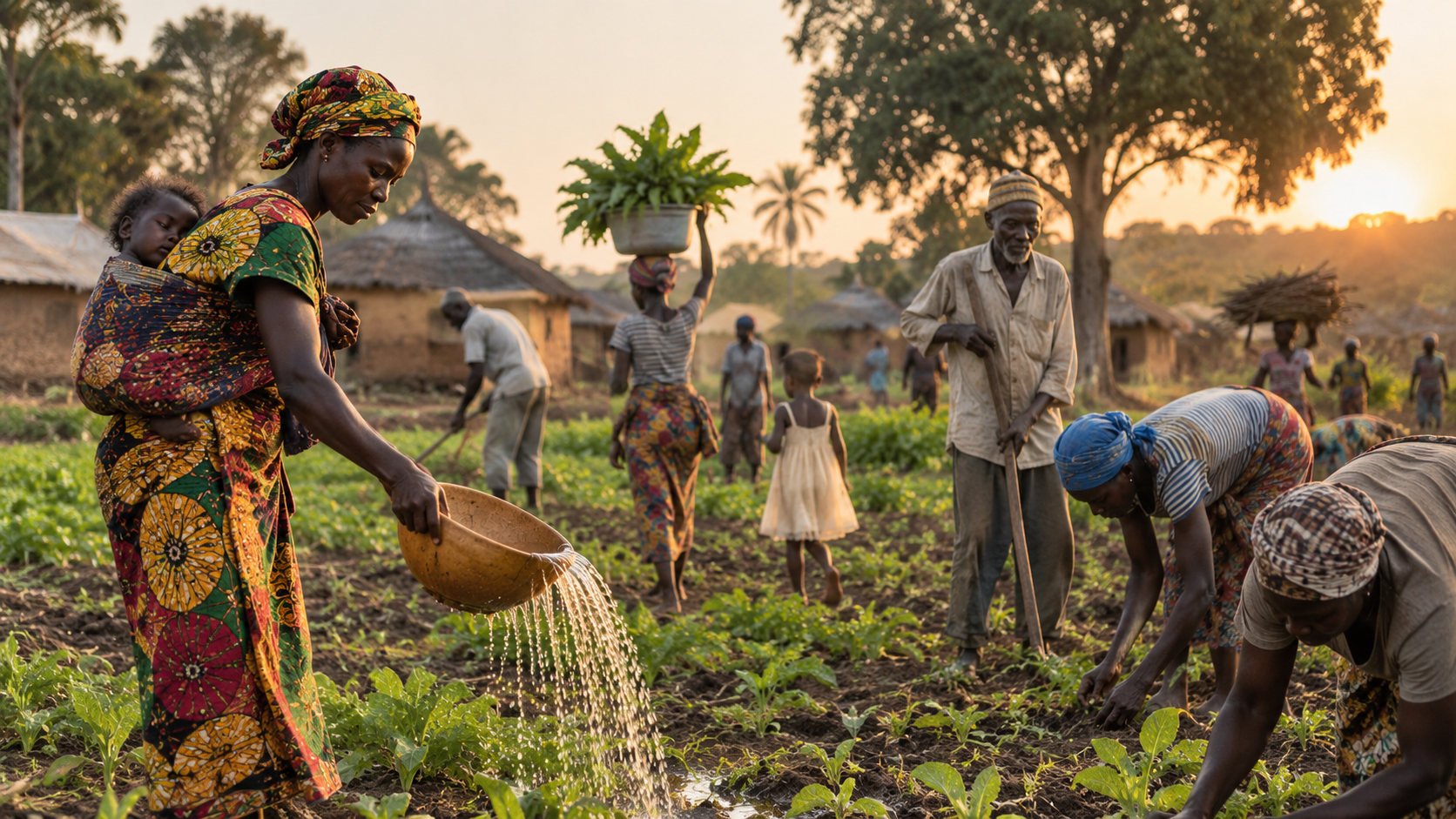 A rural Ghanaian farming community tending crops together near their village